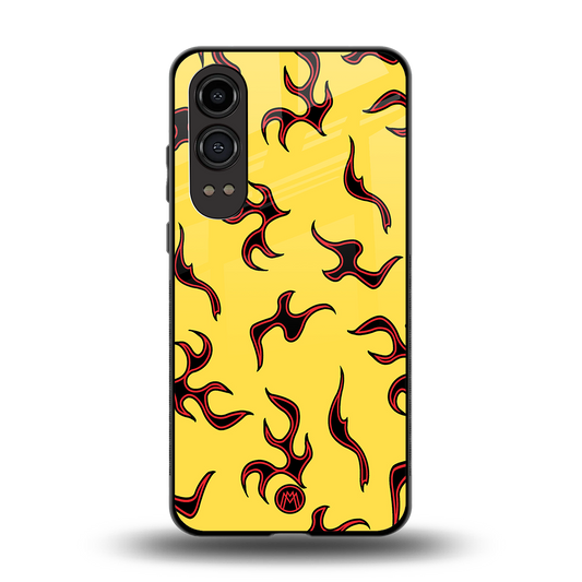 lil flames on yellow back phone cover | glass case for oneplus nord ce 4 lite