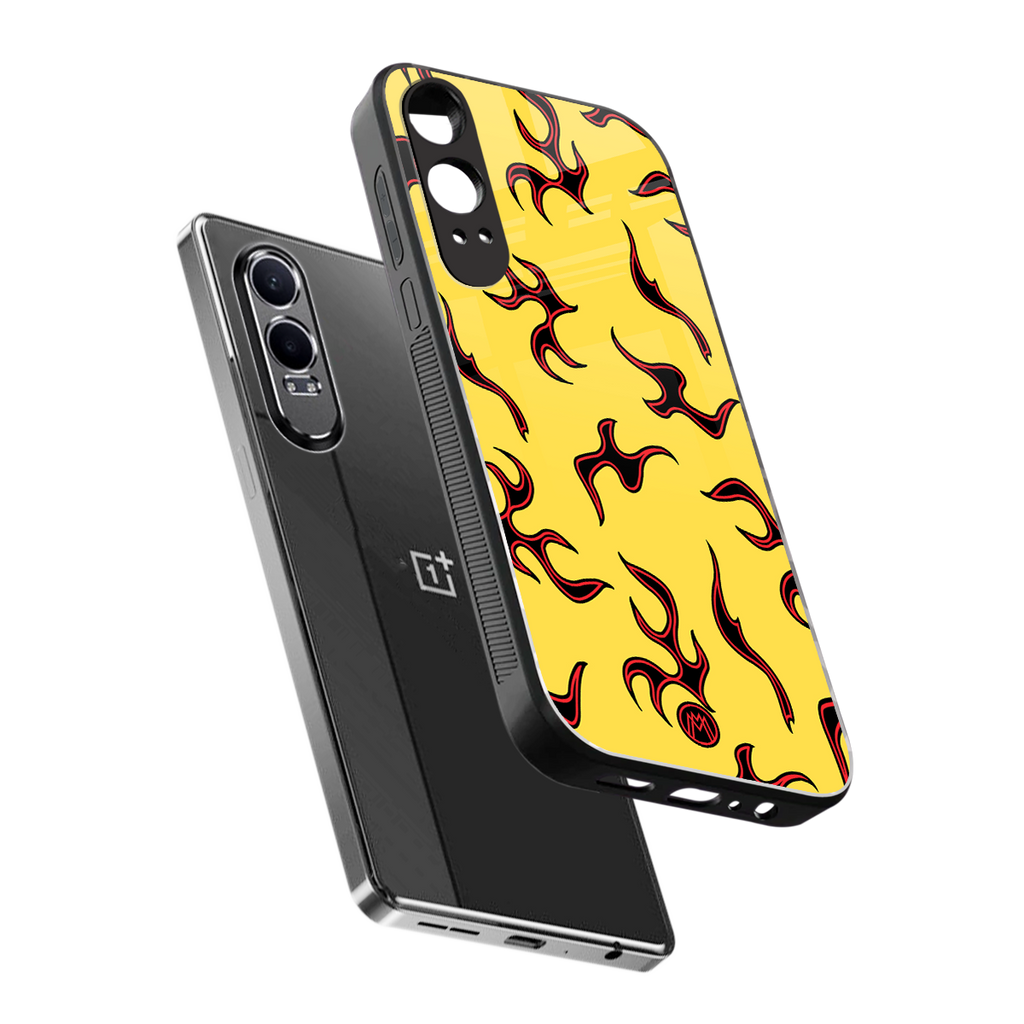 lil flames on yellow back phone cover | glass case for oneplus nord ce 4 lite