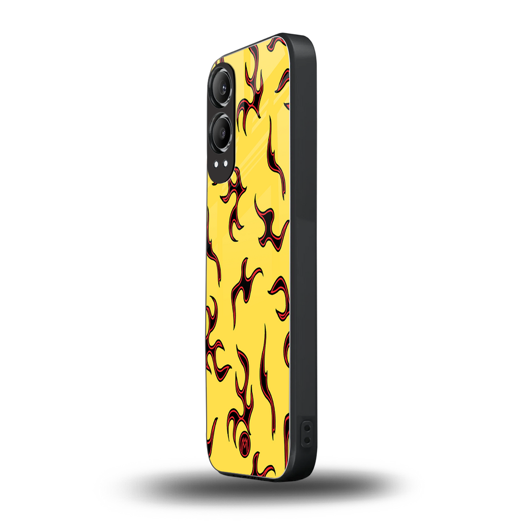 lil flames on yellow back phone cover | glass case for oneplus nord ce 4 lite