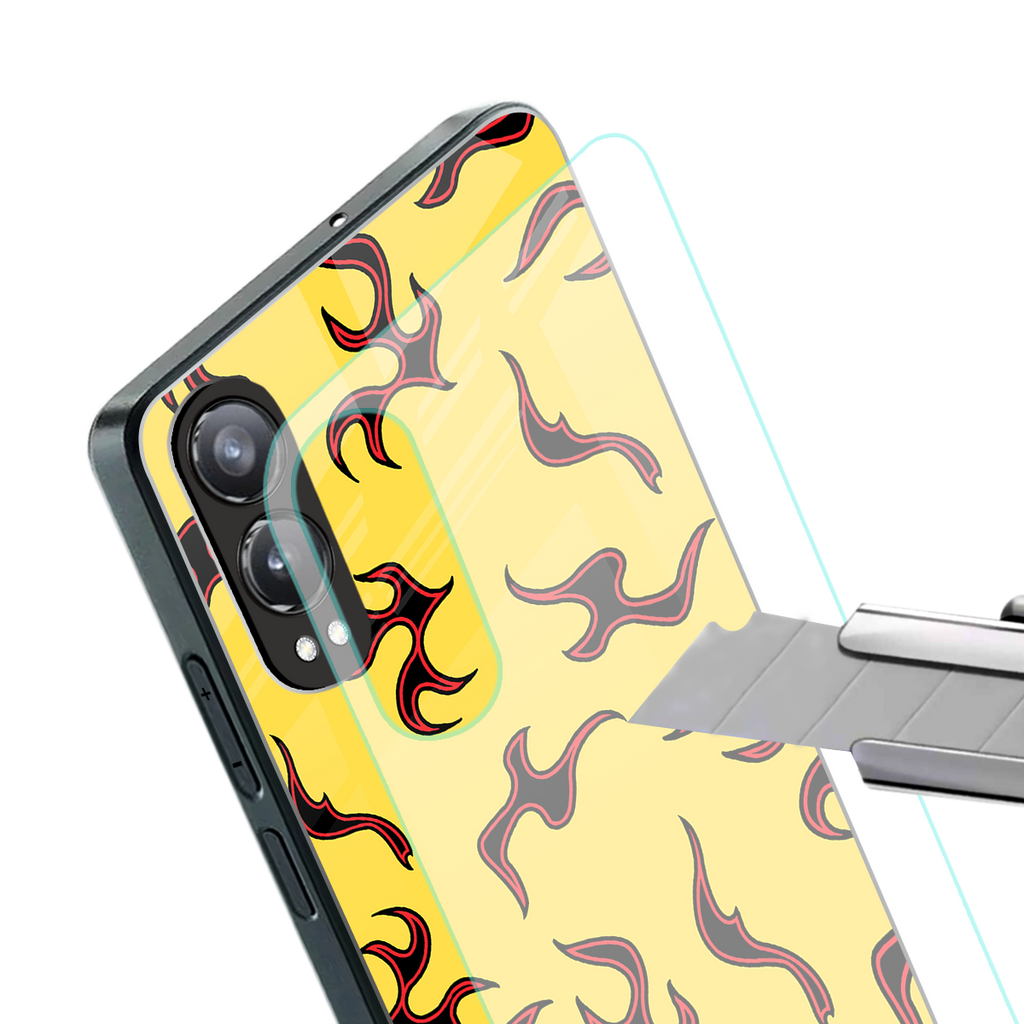 lil flames on yellow back phone cover | glass case for oneplus nord ce 4 lite