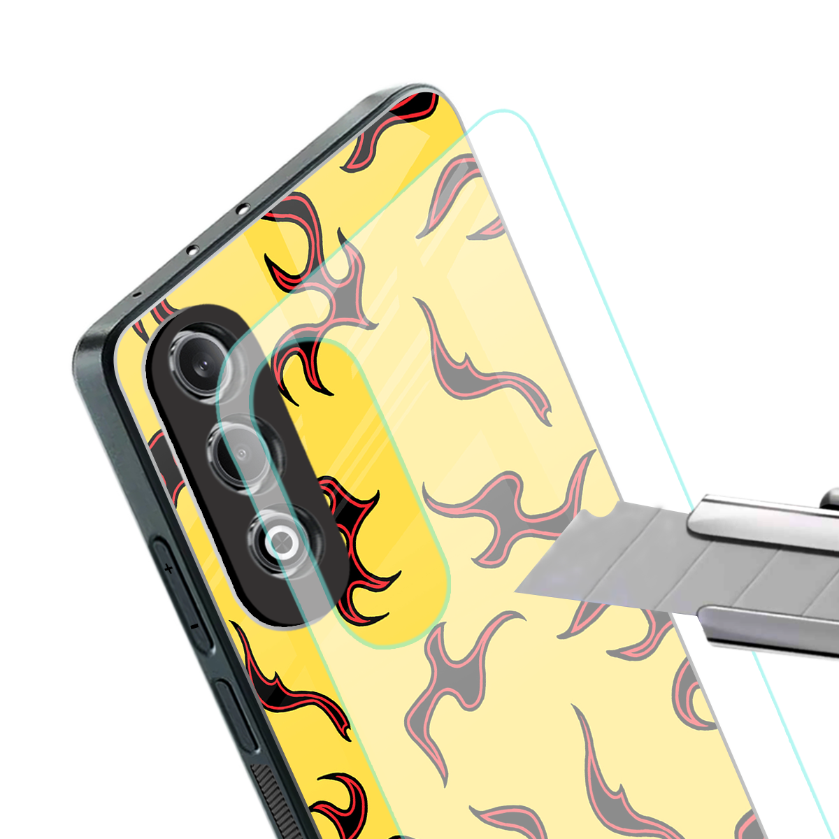 lil flames on yellow back phone cover | glass case for oneplus nord ce 4