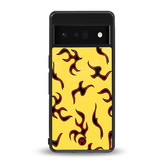 lil flames on yellow back phone cover | glass case for google pixel 6 pro