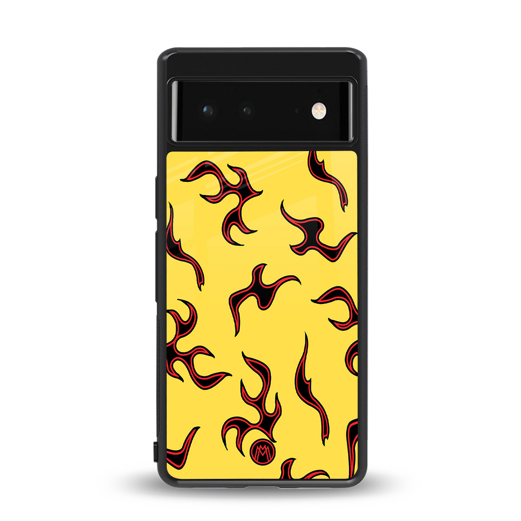 lil flames on yellow back phone cover | glass case for Google Pixel 6A