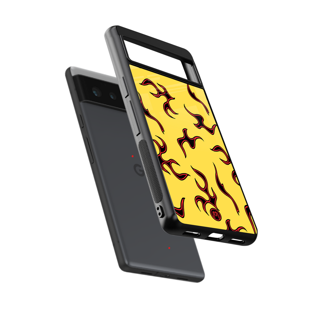 lil flames on yellow back phone cover | glass case for google pixel 6