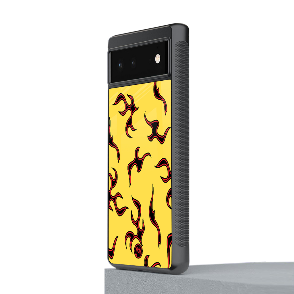 lil flames on yellow back phone cover | glass case for Google Pixel 6A