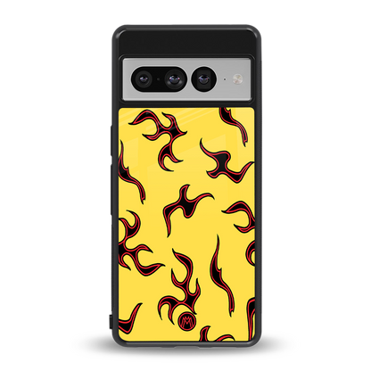 lil flames on yellow back phone cover | glass case for google pixel 7 pro