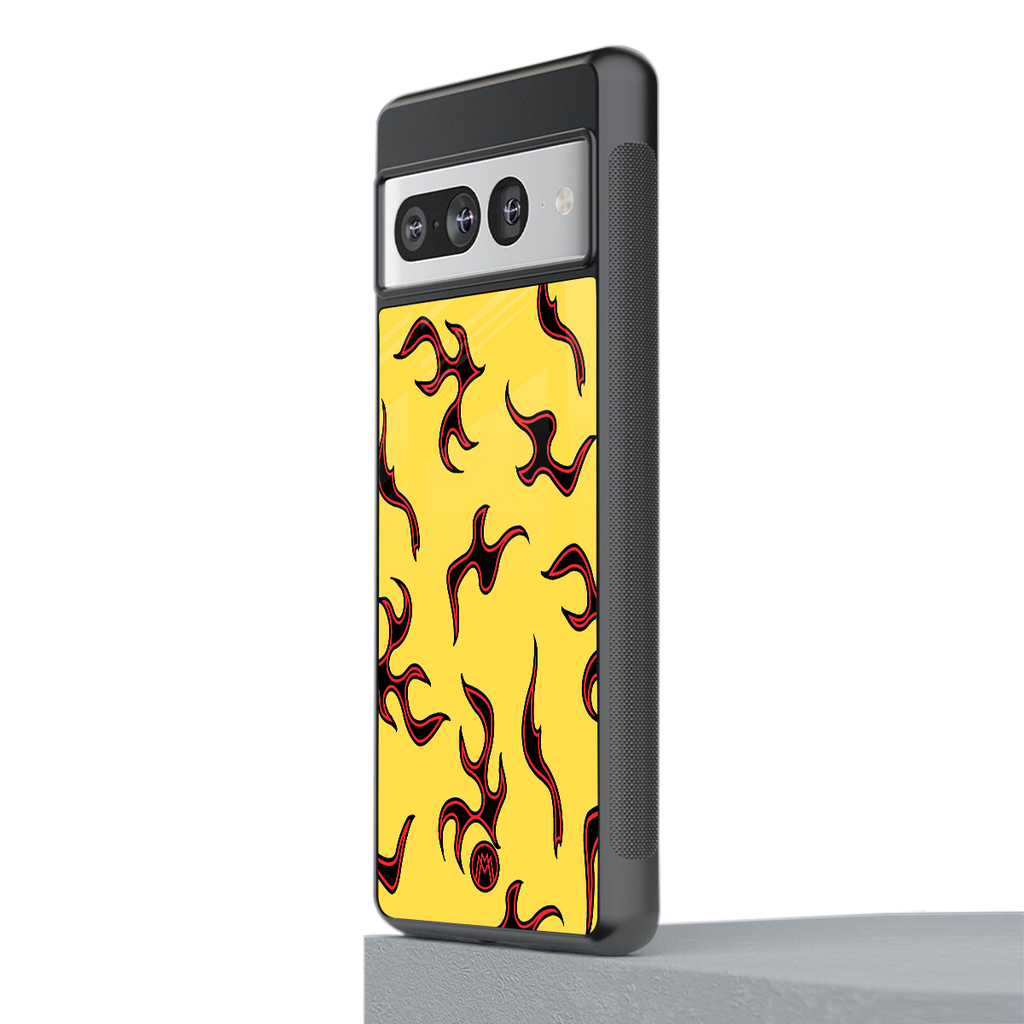 lil flames on yellow back phone cover | glass case for google pixel 7 pro