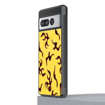 lil flames on yellow back phone cover | glass case for google pixel 7 pro