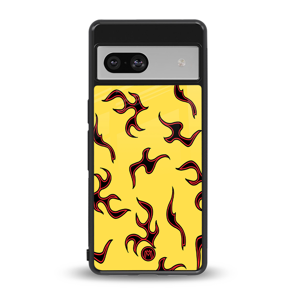 lil flames on yellow back phone cover | glass case for Google Pixel 7