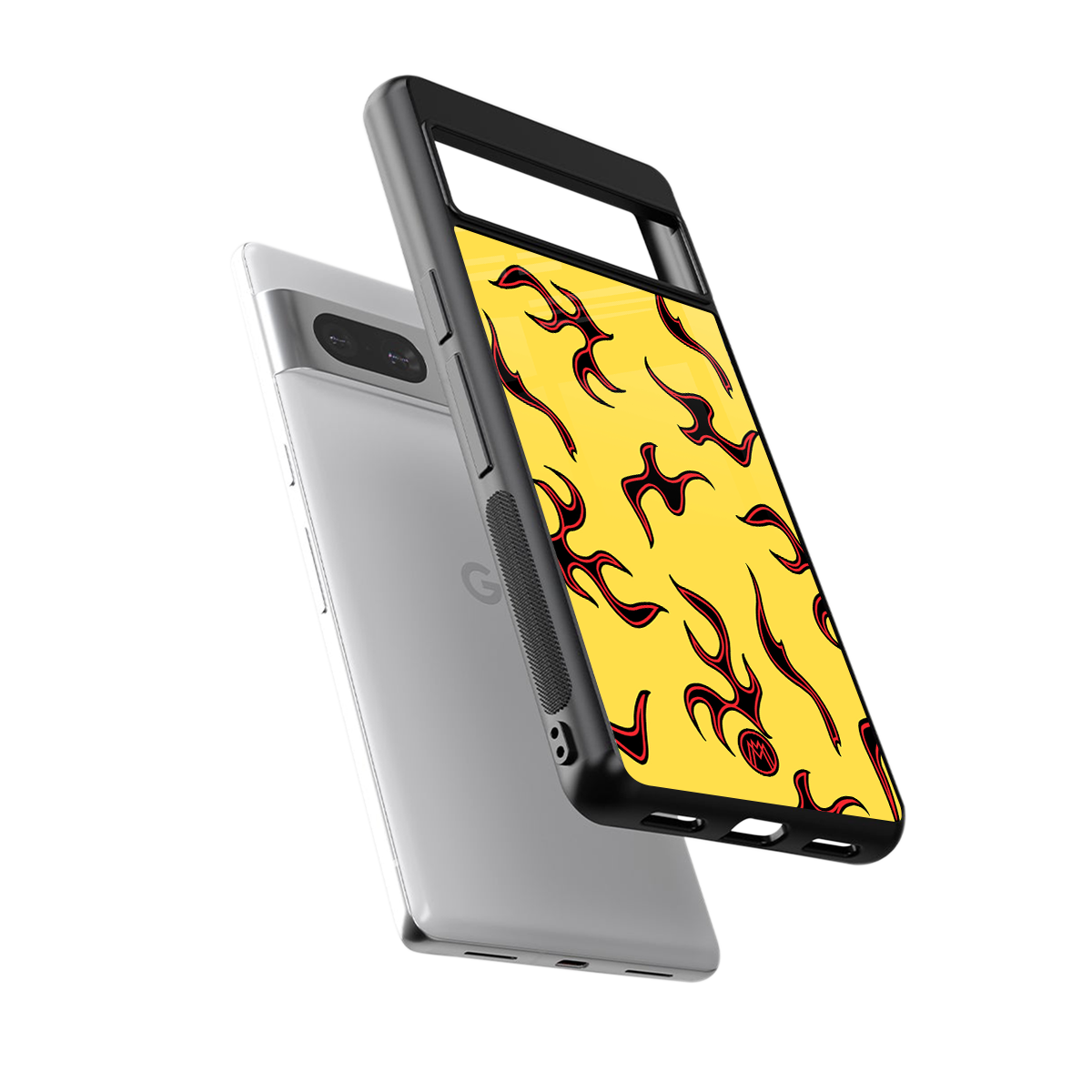 lil flames on yellow back phone cover | glass case for Google Pixel 7