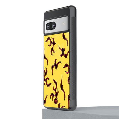 lil flames on yellow back phone cover | glass case for Google Pixel 7
