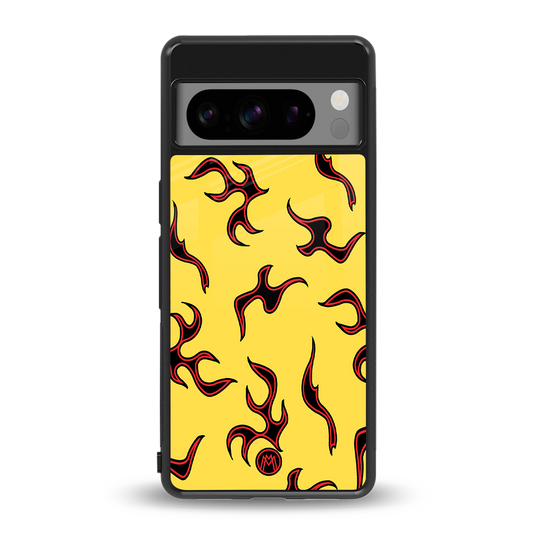 lil flames on yellow back phone cover | glass case for google pixel 8 pro