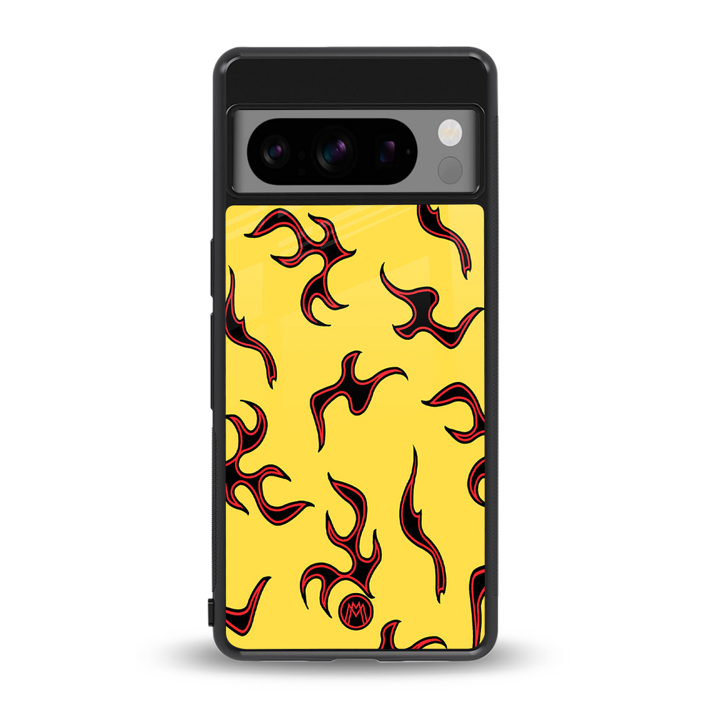 lil flames on yellow back phone cover | glass case for google pixel 8 pro