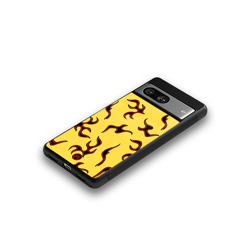 lil flames on yellow back phone cover | glass case for Google Pixel 8