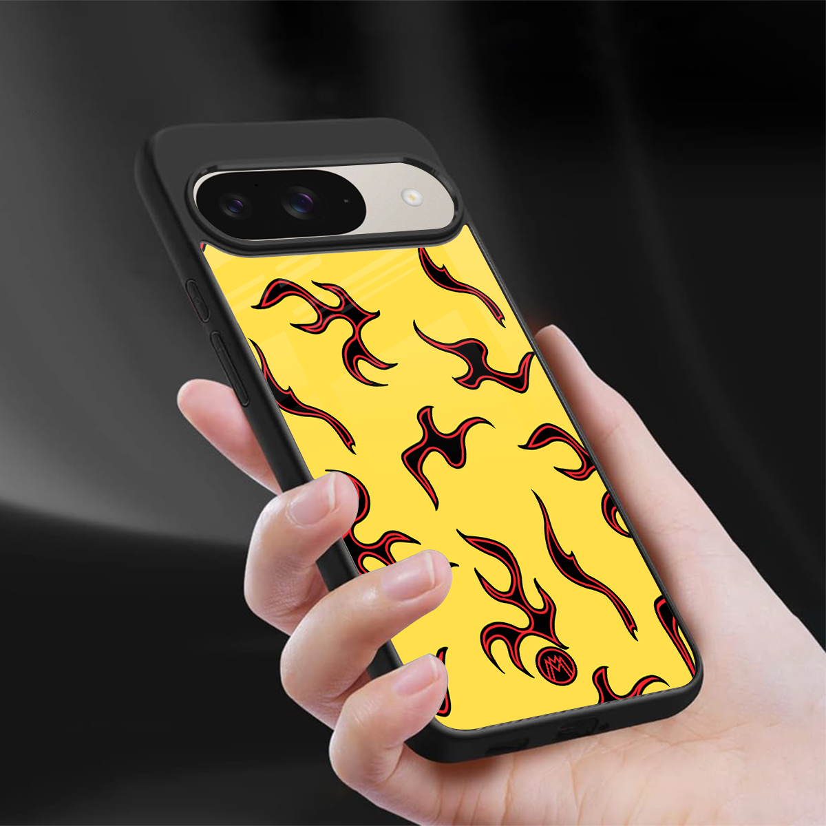 lil flames on yellow back phone cover | glass case for google pixel 9