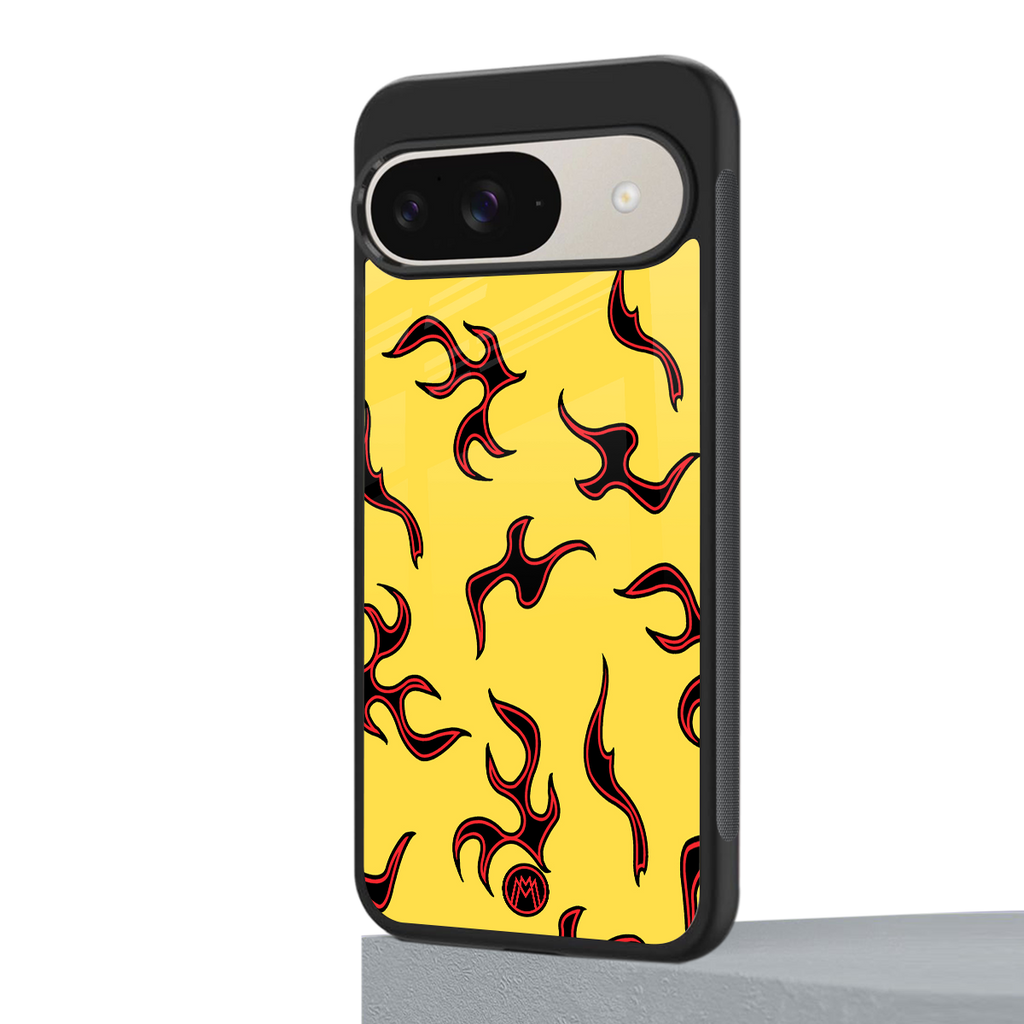 lil flames on yellow back phone cover | glass case for google pixel 9