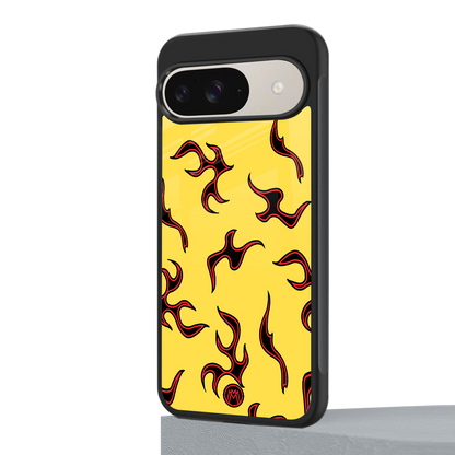 lil flames on yellow back phone cover | glass case for google pixel 9