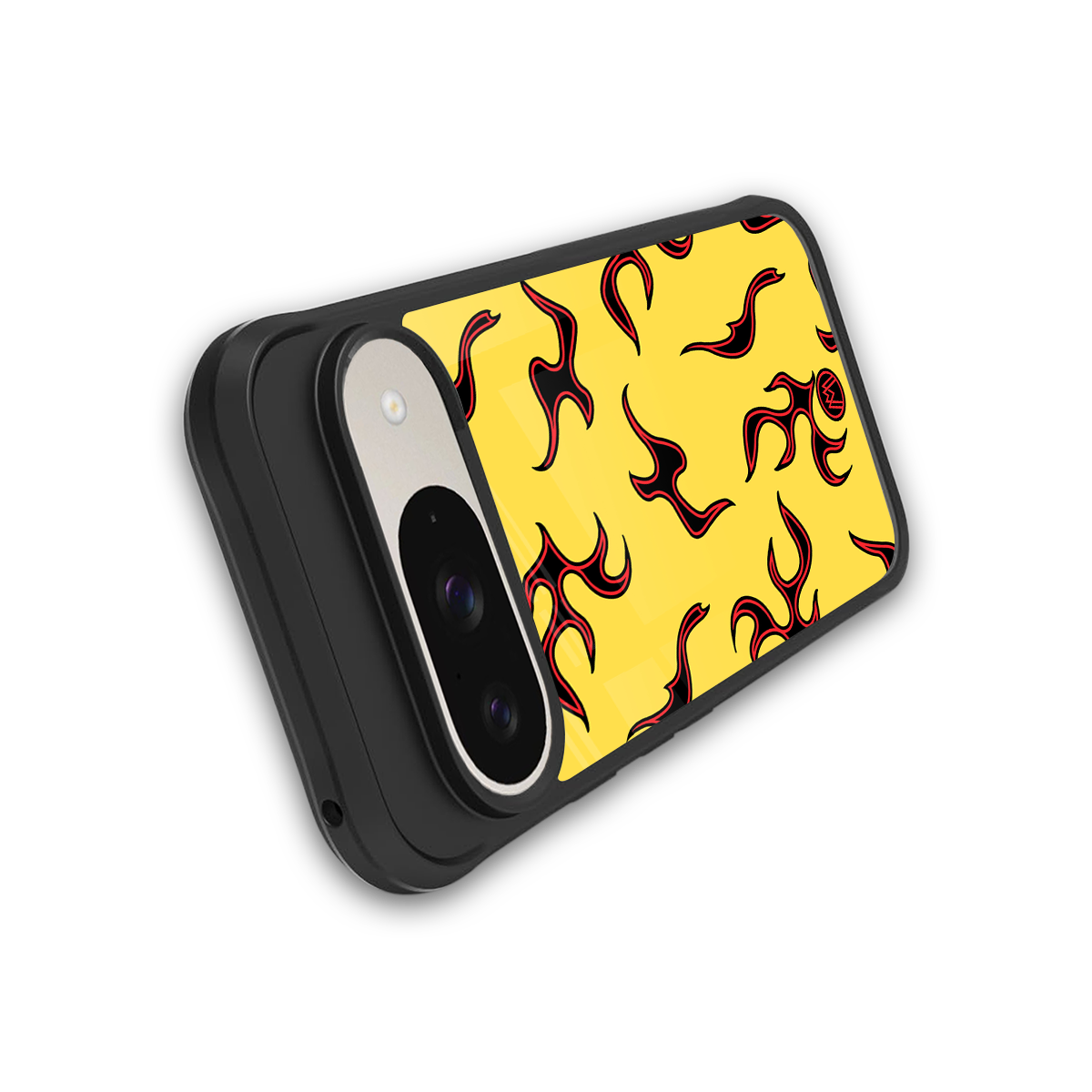 lil flames on yellow back phone cover | glass case for google pixel 9