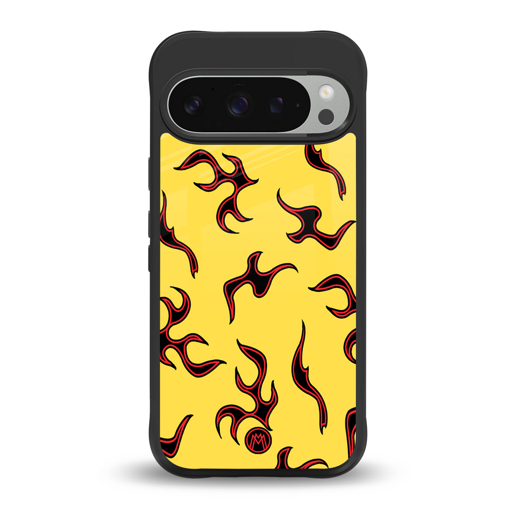 lil flames on yellow back phone cover | glass case for google pixel 9 pro xl