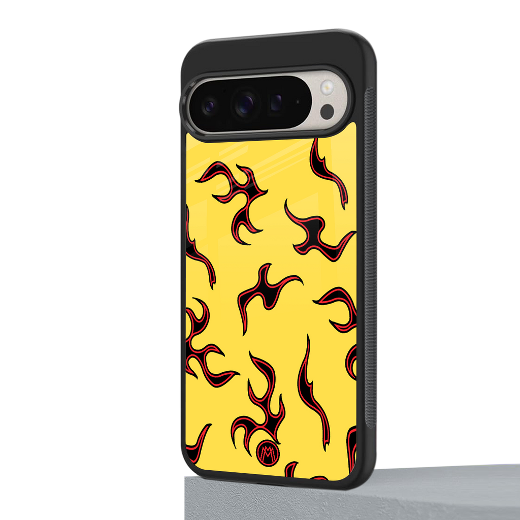 lil flames on yellow back phone cover | glass case for google pixel 9 pro xl