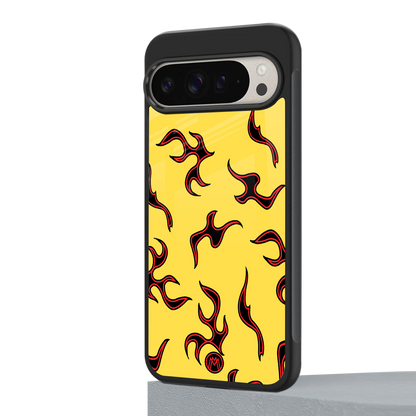 lil flames on yellow back phone cover | glass case for google pixel 9 pro xl
