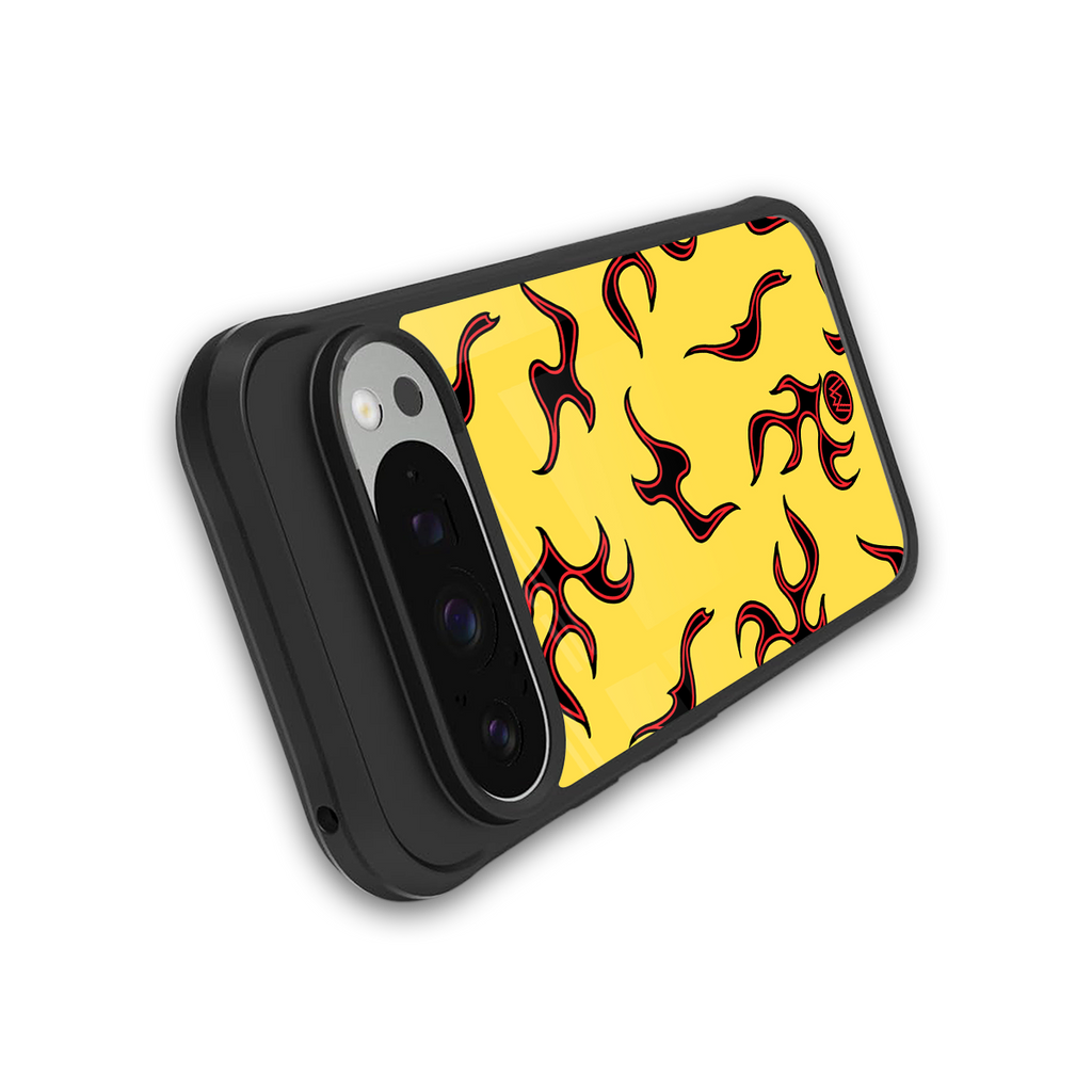 lil flames on yellow back phone cover | glass case for google pixel 9 pro