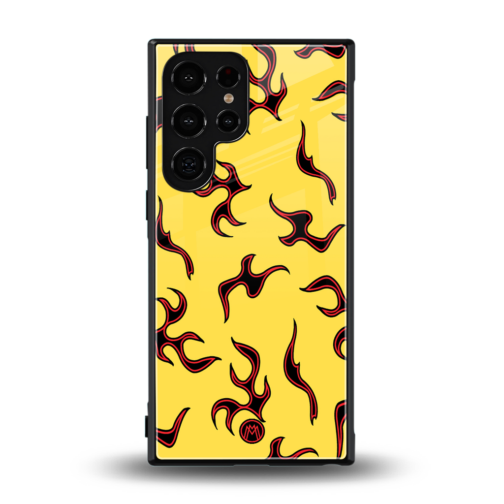 lil flames on yellow back phone cover | glass case for samsung galaxy s24 ultra