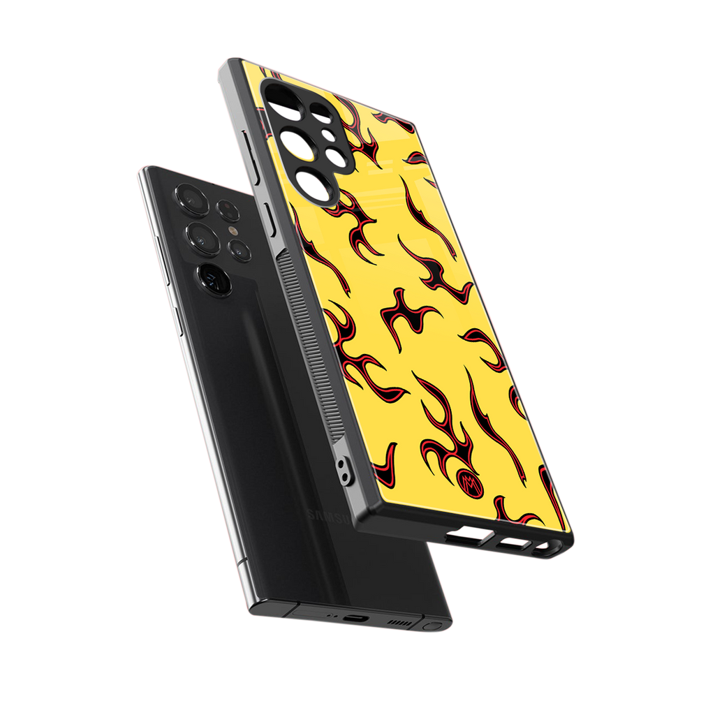 lil flames on yellow back phone cover | glass case for samsung galaxy s23 ultra