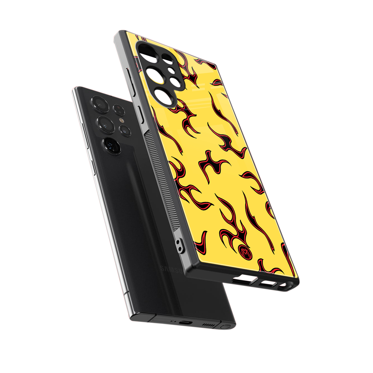 lil flames on yellow back phone cover | glass case for samsung galaxy s23 ultra