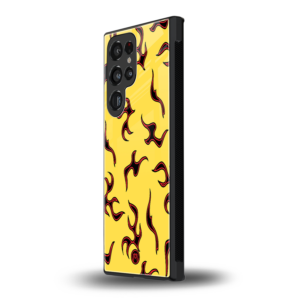 lil flames on yellow back phone cover | glass case for samsung galaxy s23 ultra