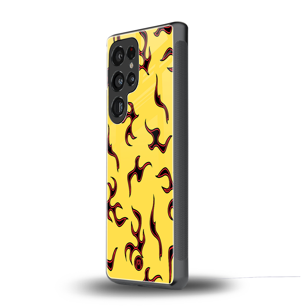lil flames on yellow back phone cover | glass case for samsung galaxy s25 ultra