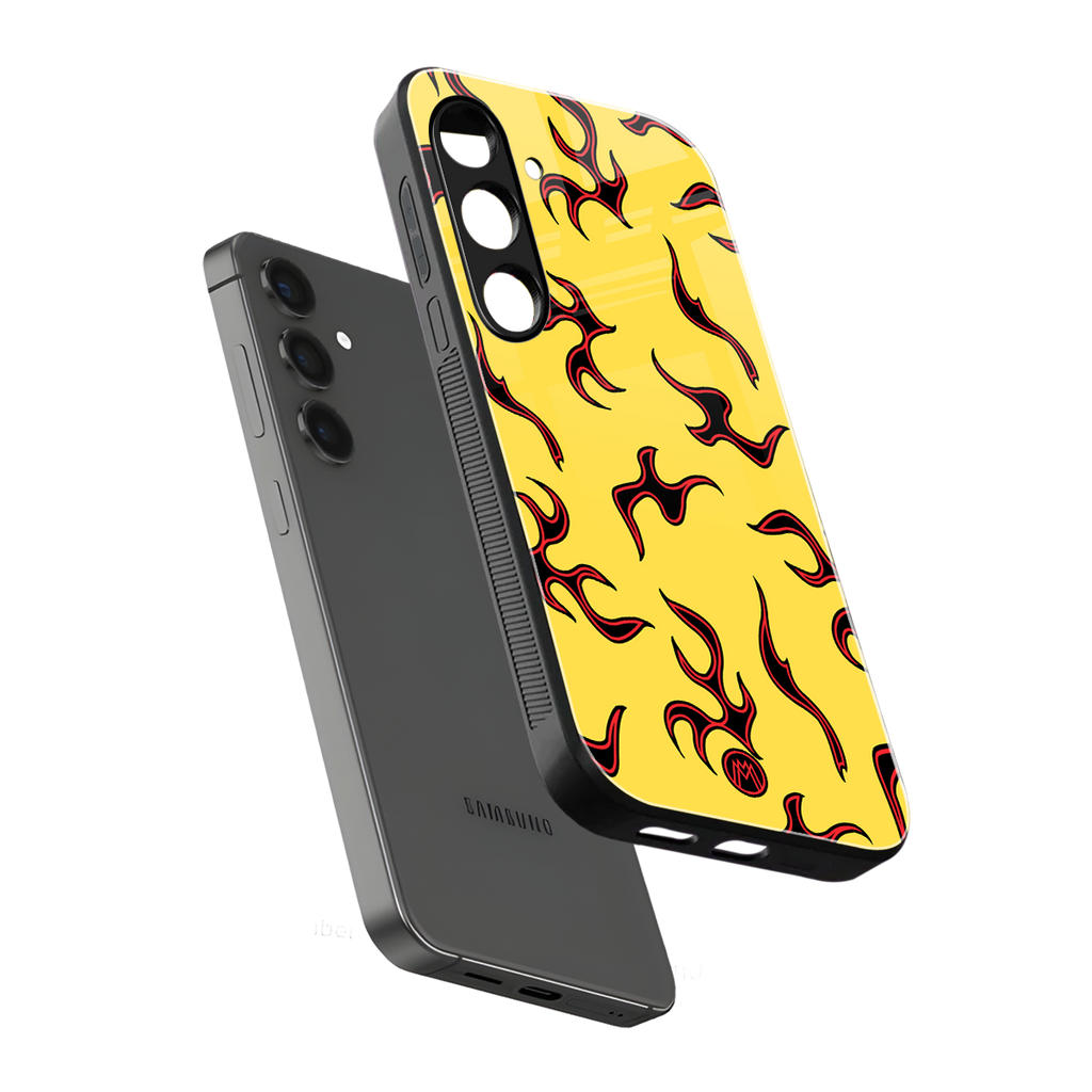 lil flames on yellow back phone cover | glass case for samsung galaxy s23 plus