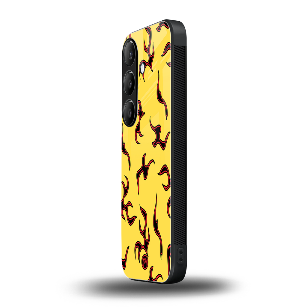 lil flames on yellow back phone cover | glass case for samsung galaxy s23 plus