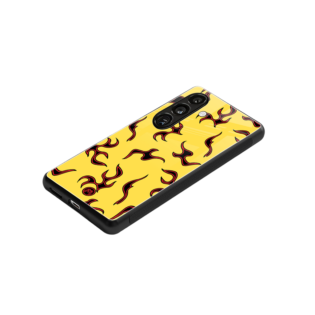 lil flames on yellow back phone cover | glass case for samsung galaxy s23 plus