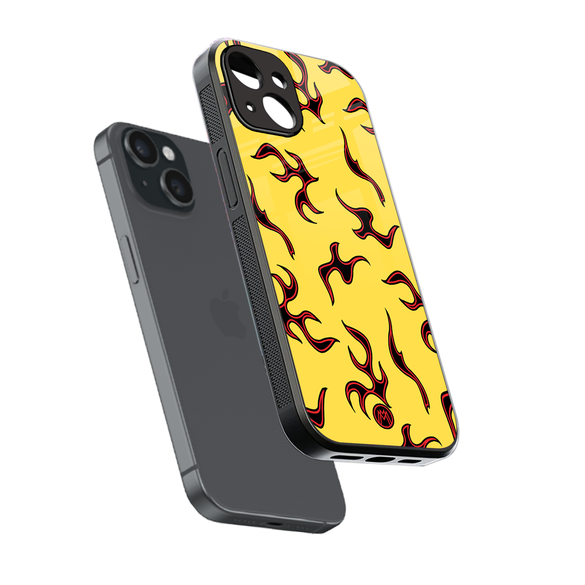 lil flames on yellow back phone cover | glass case for iphone 14