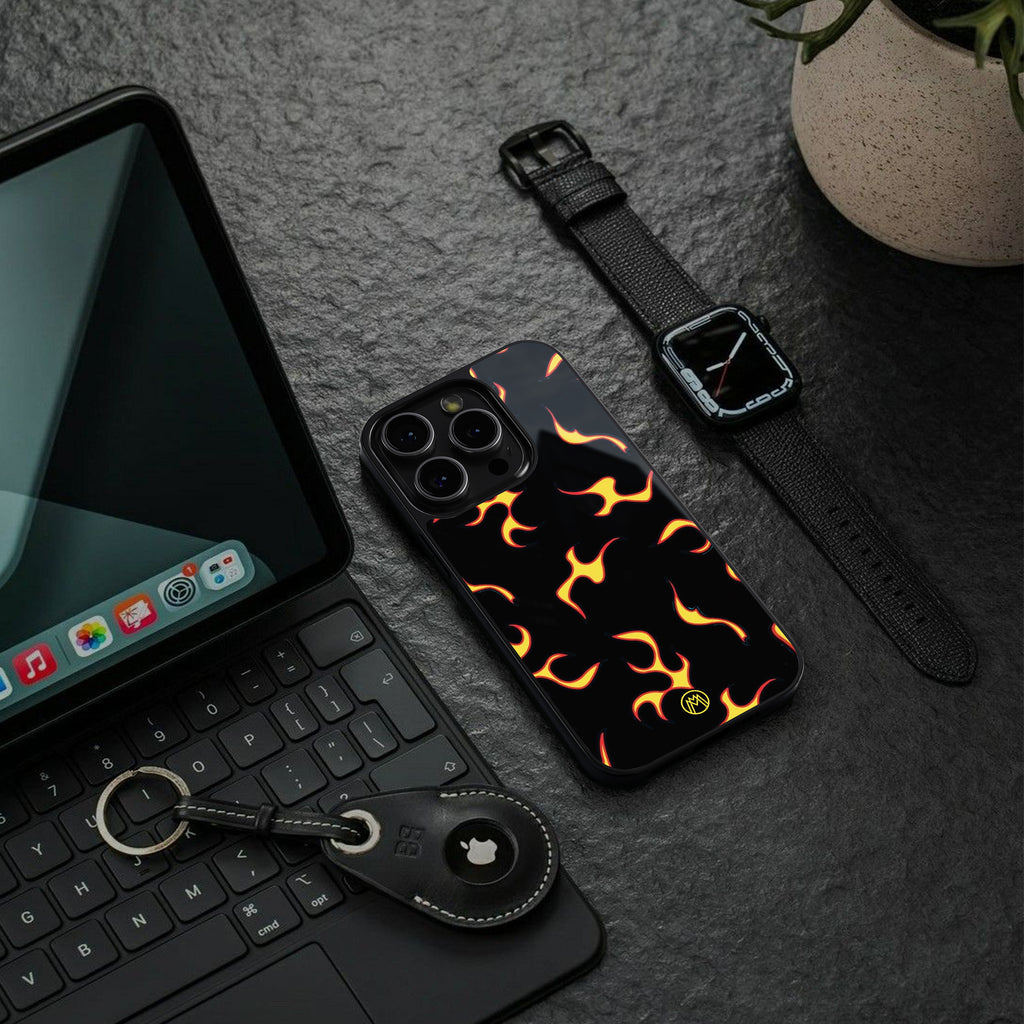 lil flames on black back phone cover | glass case for iphone 15 pro