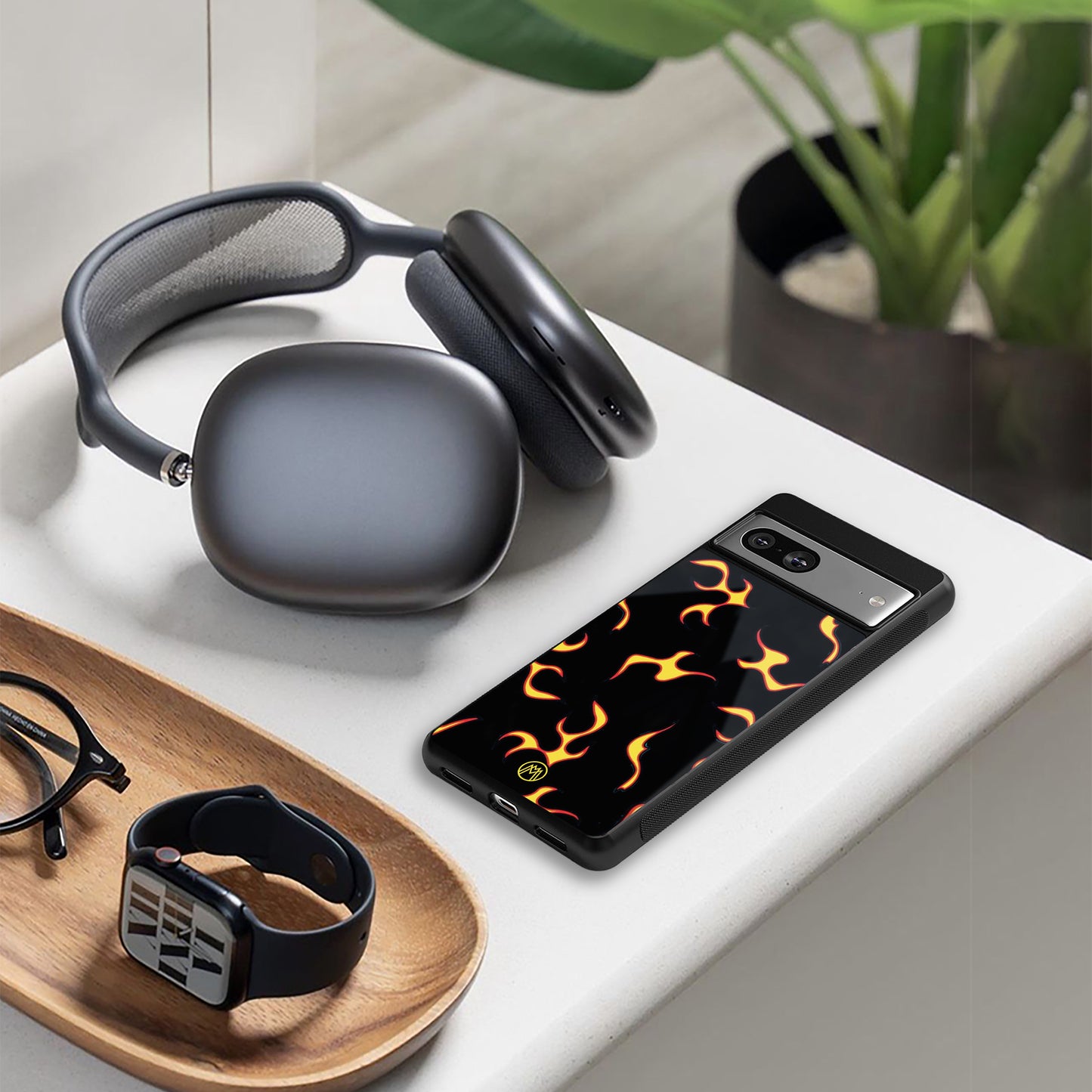 lil flames on black back phone cover | glass case for Google Pixel 8