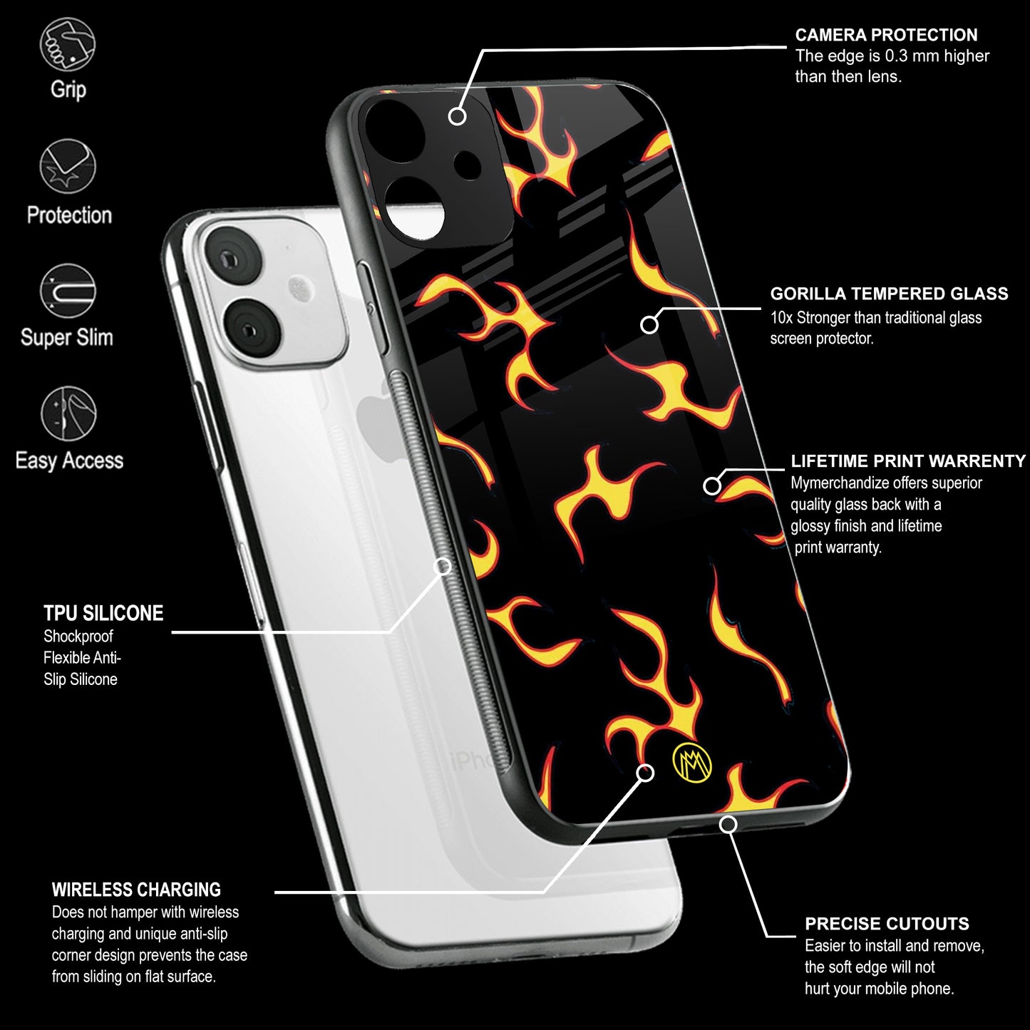 Lil Flames On Black Phone Cover | Glass Case