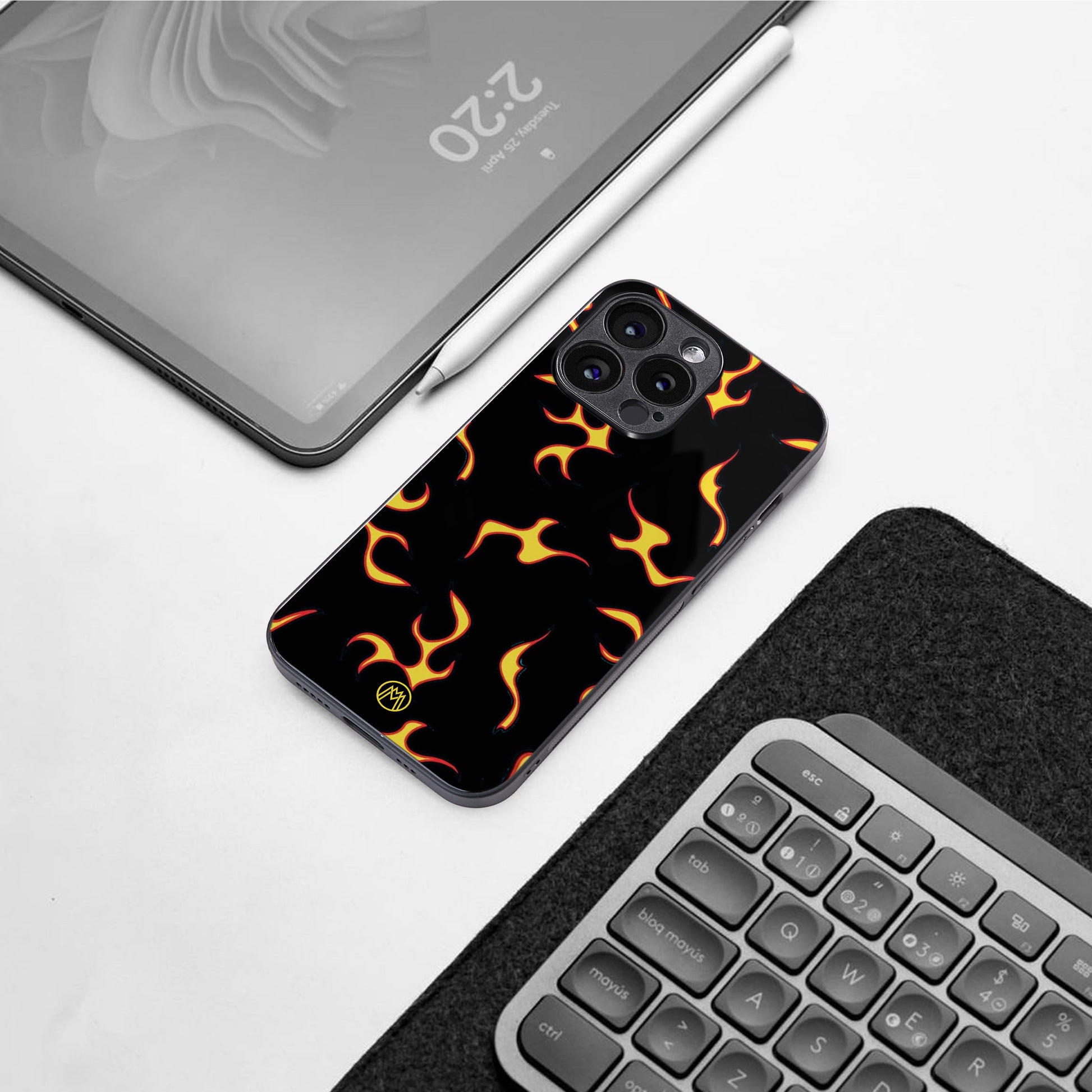 lil flames on black back phone cover | glass case for iphone 16 pro max