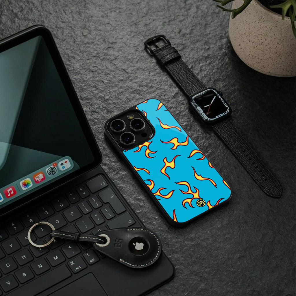 lil flames on blue back phone cover | glass case for iphone 15 pro