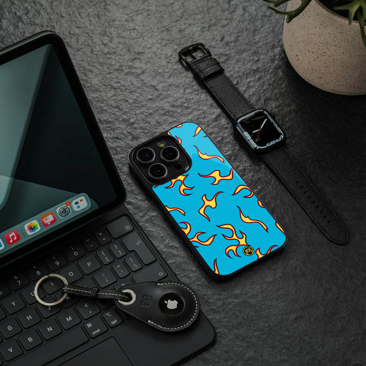 lil flames on blue back phone cover | glass case for iphone 15 pro