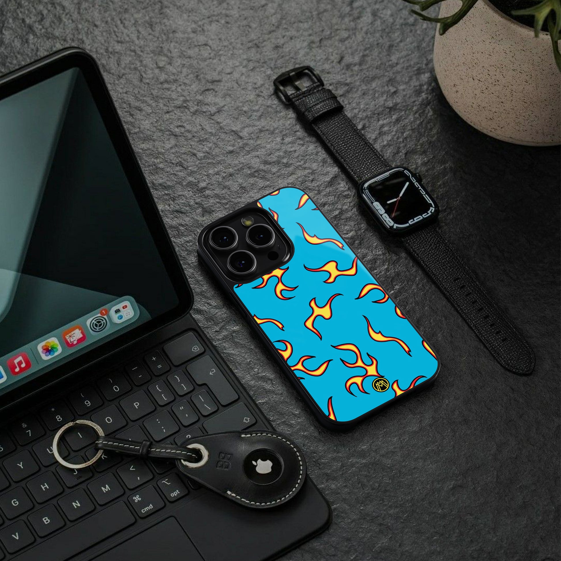 lil flames on blue back phone cover | glass case for iphone 16 pro max