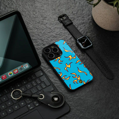 lil flames on blue back phone cover | glass case for iphone 16 pro max