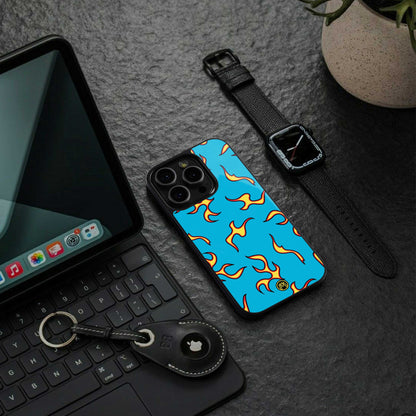 lil flames on blue back phone cover | glass case for iphone 13 pro max