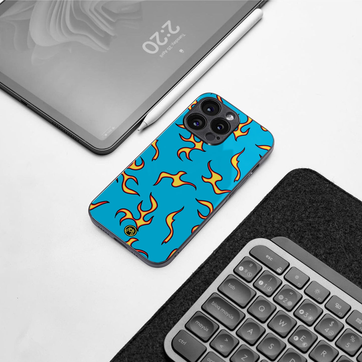 lil flames on blue back phone cover | glass case for google pixel 8 pro