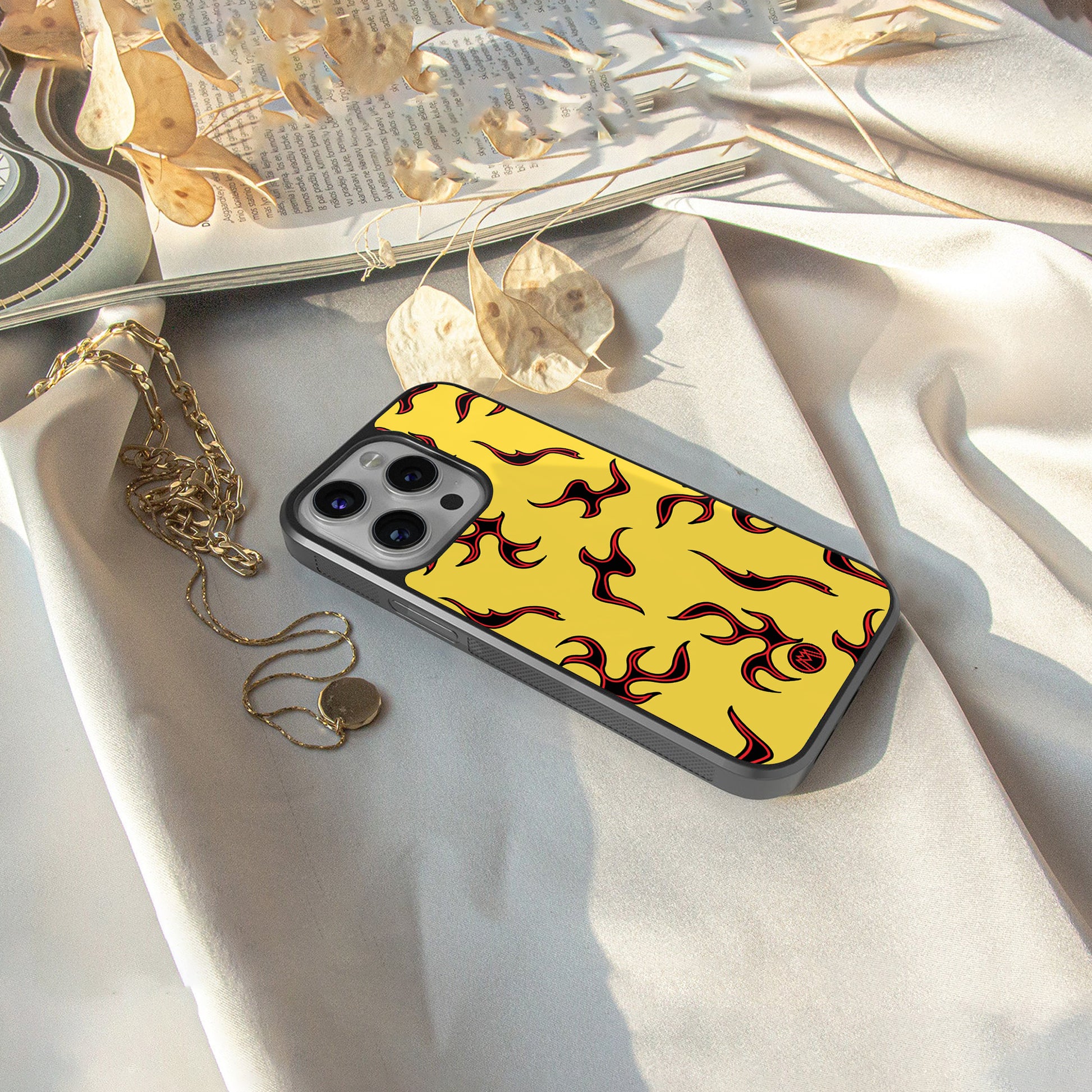 lil flames on yellow back phone cover | glass case for iphone 16 pro max