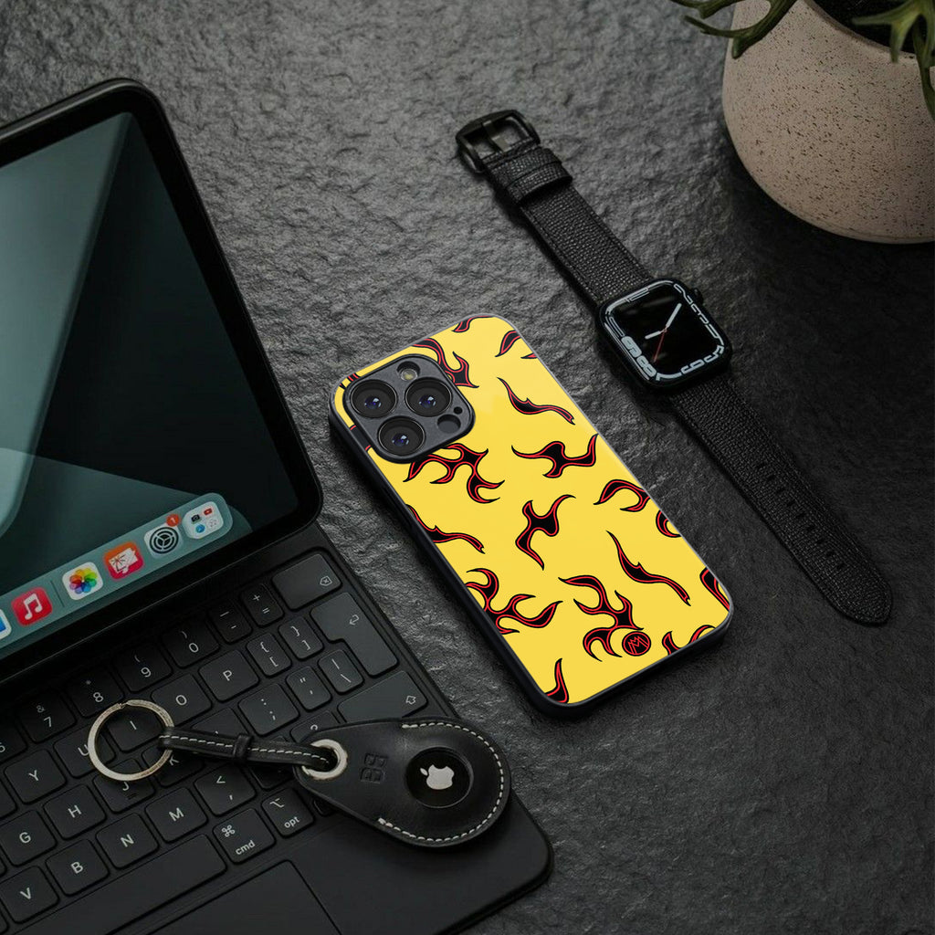 lil flames on yellow back phone cover | glass case for iphone 16 plus