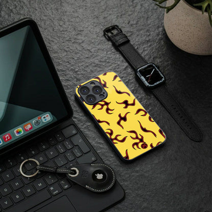 lil flames on yellow back phone cover | glass case for iphone 16 pro