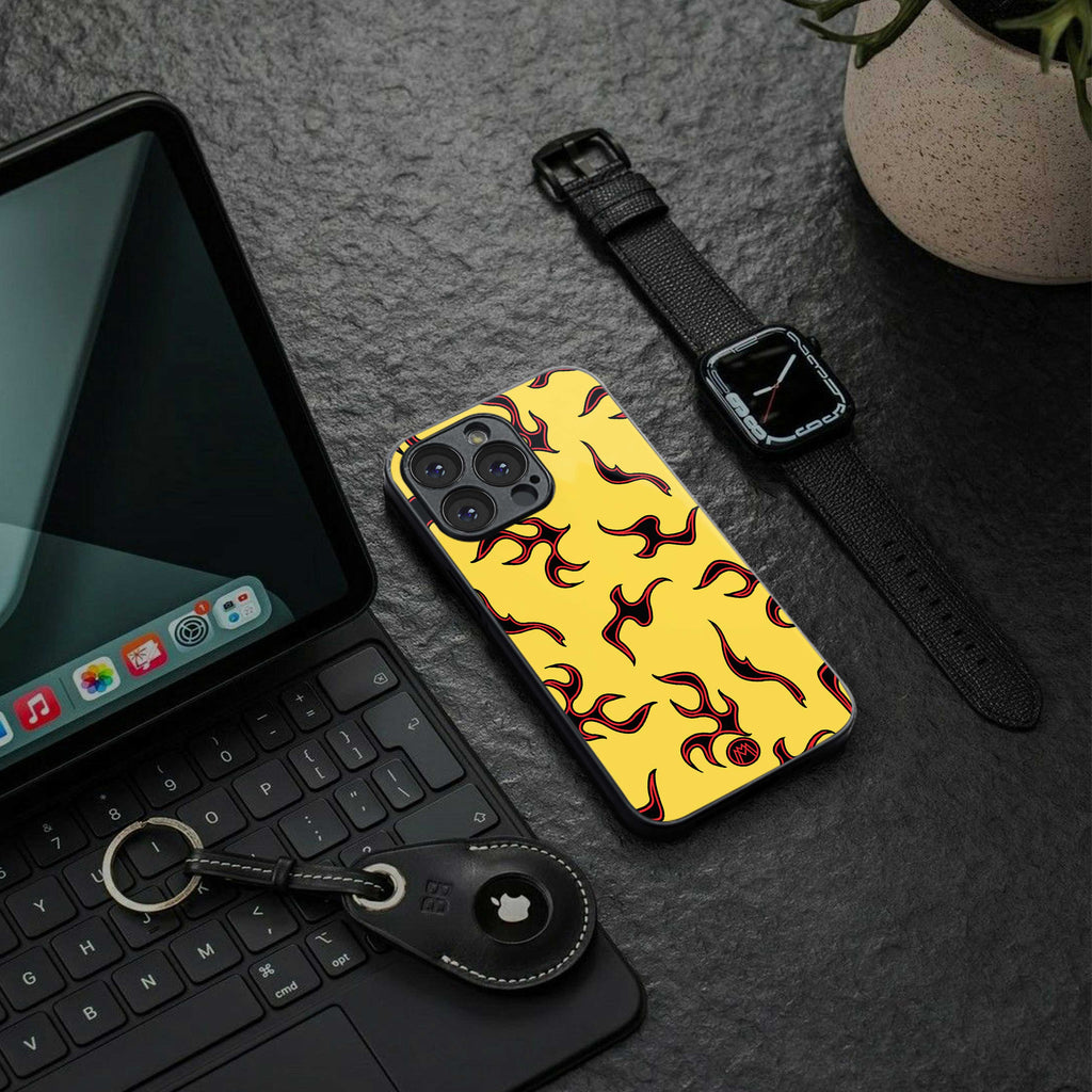 lil flames on yellow back phone cover | glass case for samsung galaxy s23 plus