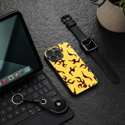 lil flames on yellow back phone cover | glass case for iphone 14